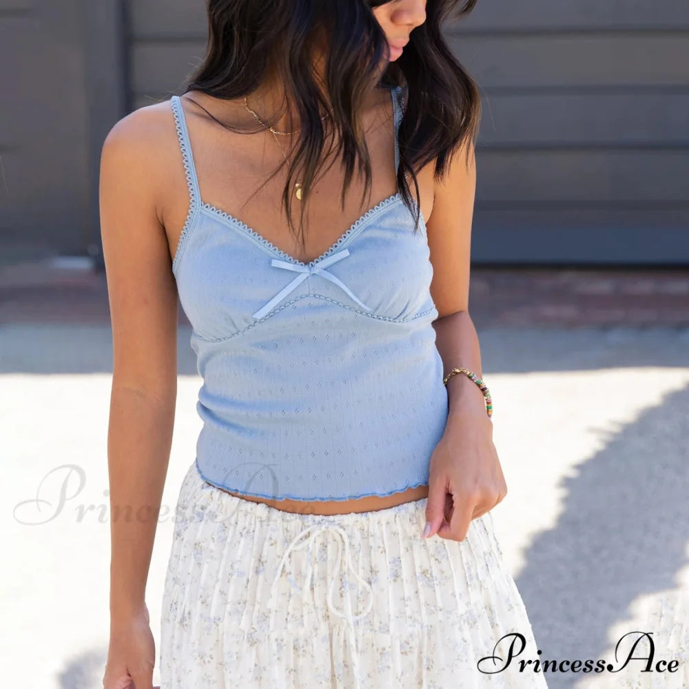 Bow Deep V-Neck Spaghetti Crop Top blue / S croptop-250223