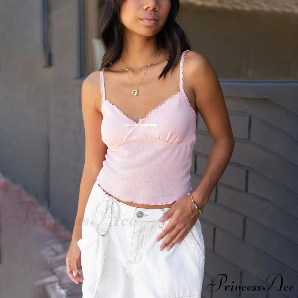 Bow Deep V-Neck Spaghetti Crop Top pink / S croptop-250223
