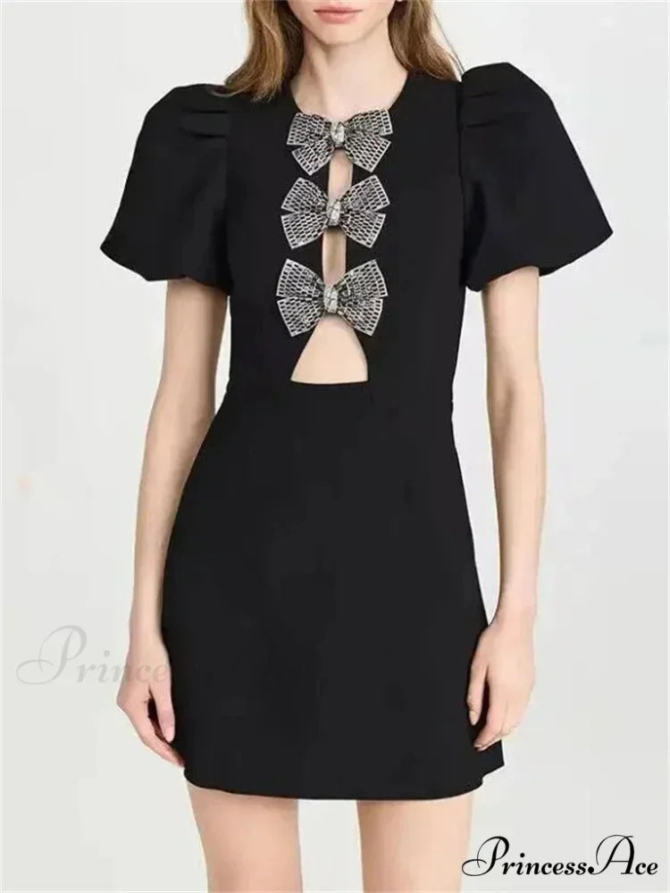 Bow Hollow-Out Patchwork Petite Dress Black Bow / S minidress-250223