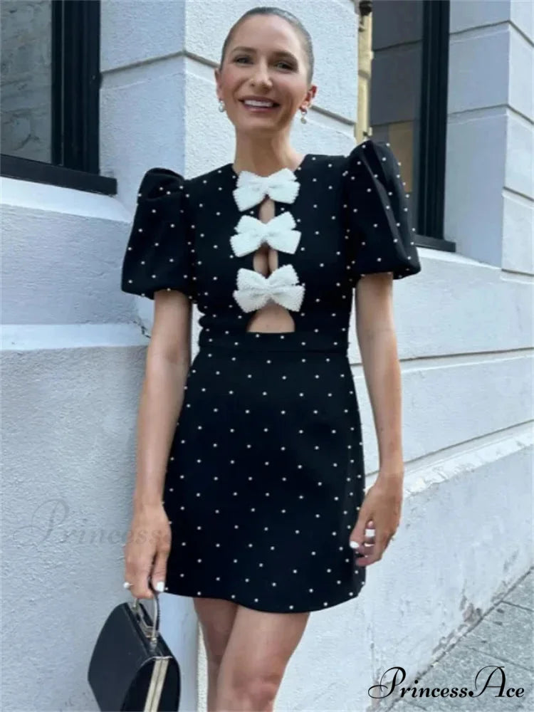 Bow Hollow-Out Patchwork Petite Dress minidress-250223
