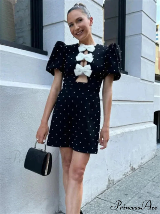 Bow Hollow-Out Patchwork Petite Dress minidress-250223