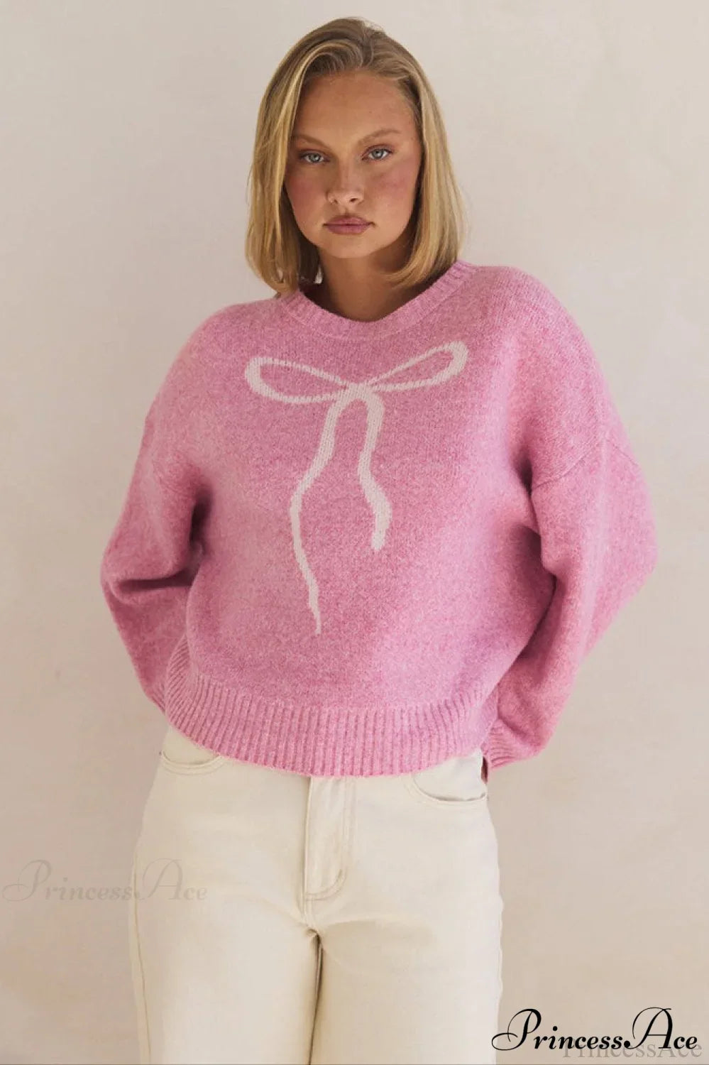 Bow Jacquard Crew-Neck Loose Casual Sweater