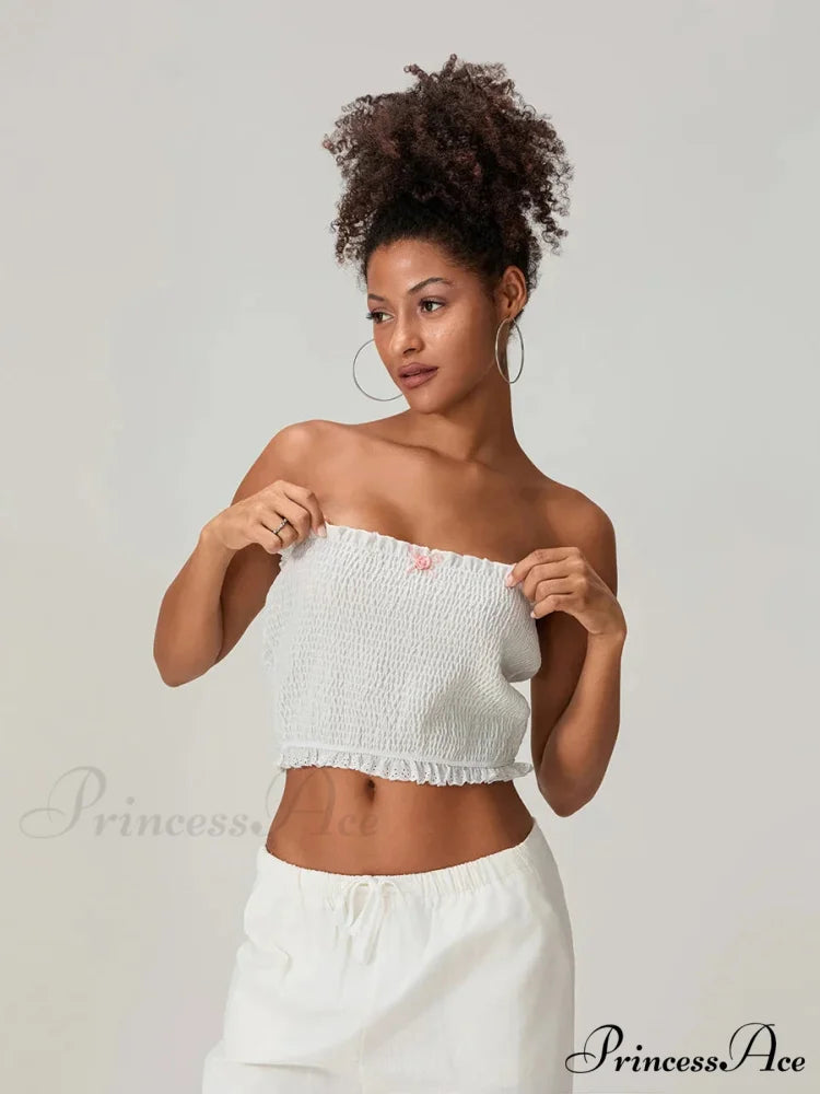 Bow Lace Gathered Sleeveless Open-Back Cropped Bandeau Top croptop-250126