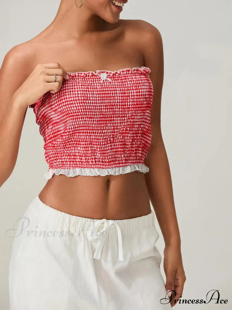 Bow Lace Gathered Sleeveless Open-Back Cropped Bandeau Top croptop-250126