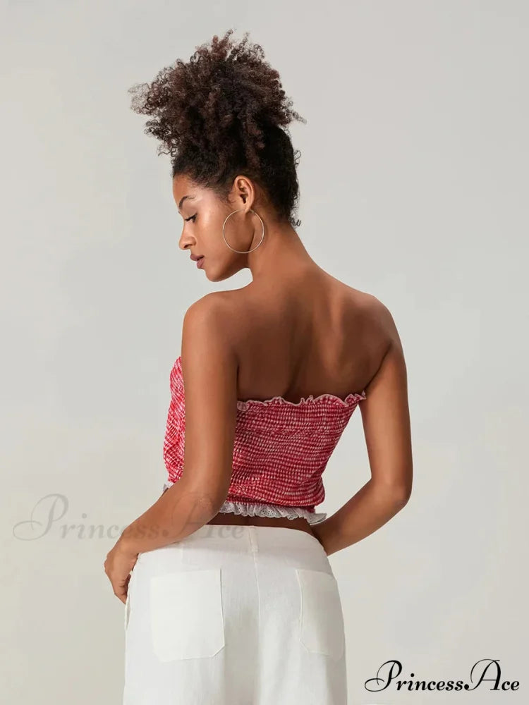 Bow Lace Gathered Sleeveless Open-Back Cropped Bandeau Top croptop-250126