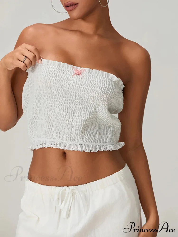Bow Lace Gathered Sleeveless Open-Back Cropped Bandeau Top croptop-250126