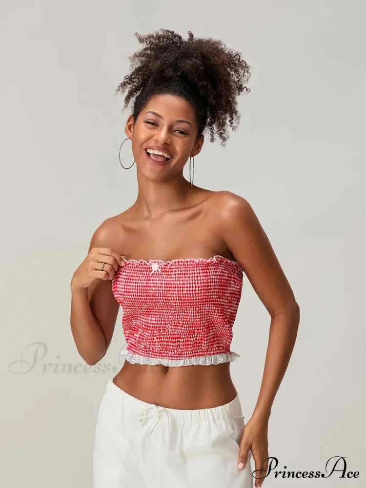 Bow Lace Gathered Sleeveless Open-Back Cropped Bandeau Top croptop-250126