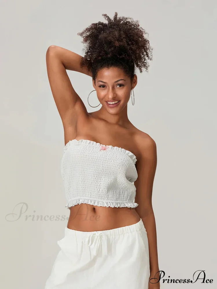 Bow Lace Gathered Sleeveless Open-Back Cropped Bandeau Top WHITE / S croptop-250126
