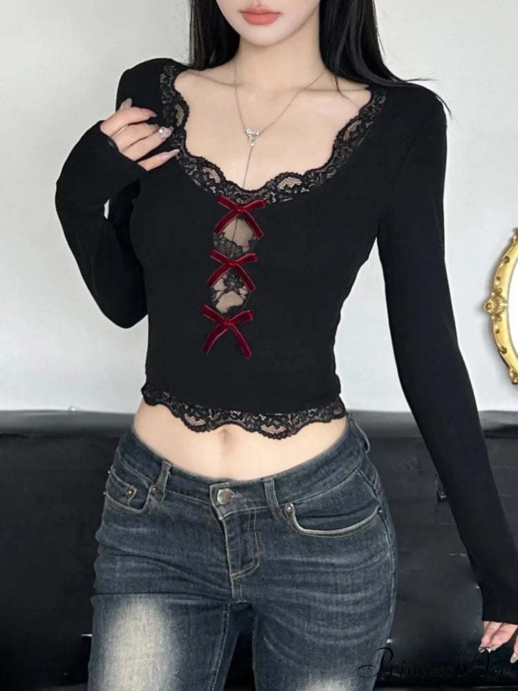 Bow Lace Trim Hollow Out Slim V-Neck Cropped Long Sleeve Knit Top Modified Title: Ribbon Lace Trim Pierced Slim V-Neck
