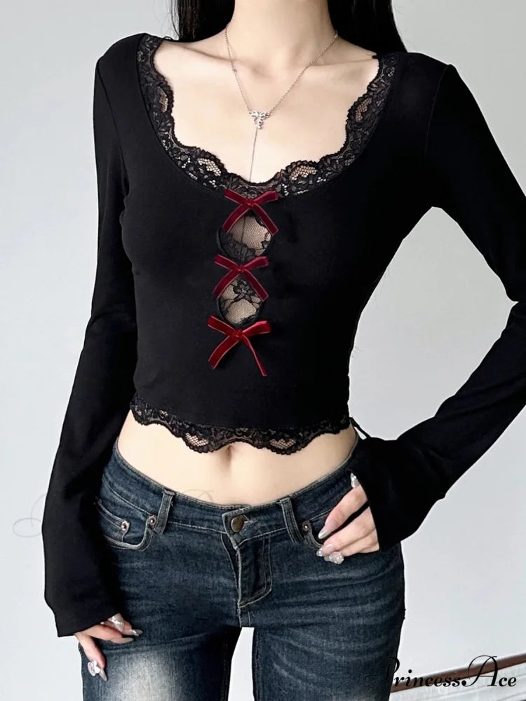 Bow Lace Trim Hollow Out Slim V-Neck Cropped Long Sleeve Knit Top Modified Title: Ribbon Lace Trim Pierced Slim V-Neck