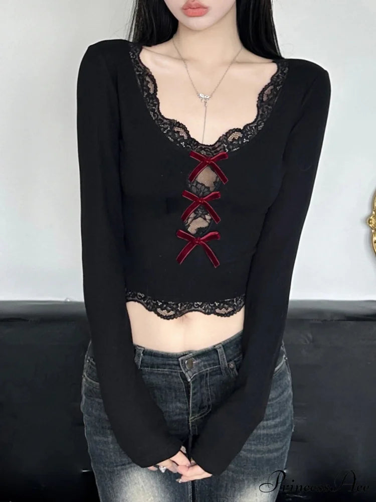 Bow Lace Trim Hollow Out Slim V-Neck Cropped Long Sleeve Knit Top Modified Title: Ribbon Lace Trim Pierced Slim V-Neck