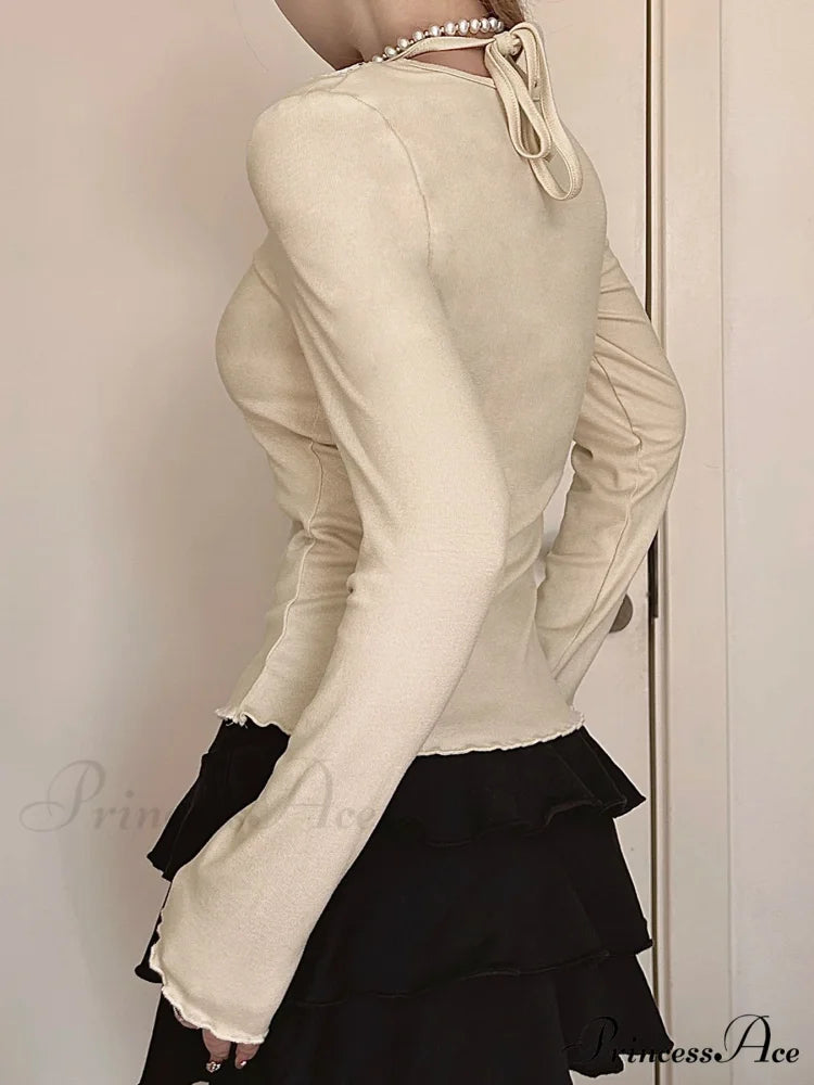 Bow Patchwork Lace Trim Halter V-Neck Long Sleeve Knit Top Modified Title: Ribbon Patchwork Lace Trim Halter V-Neck