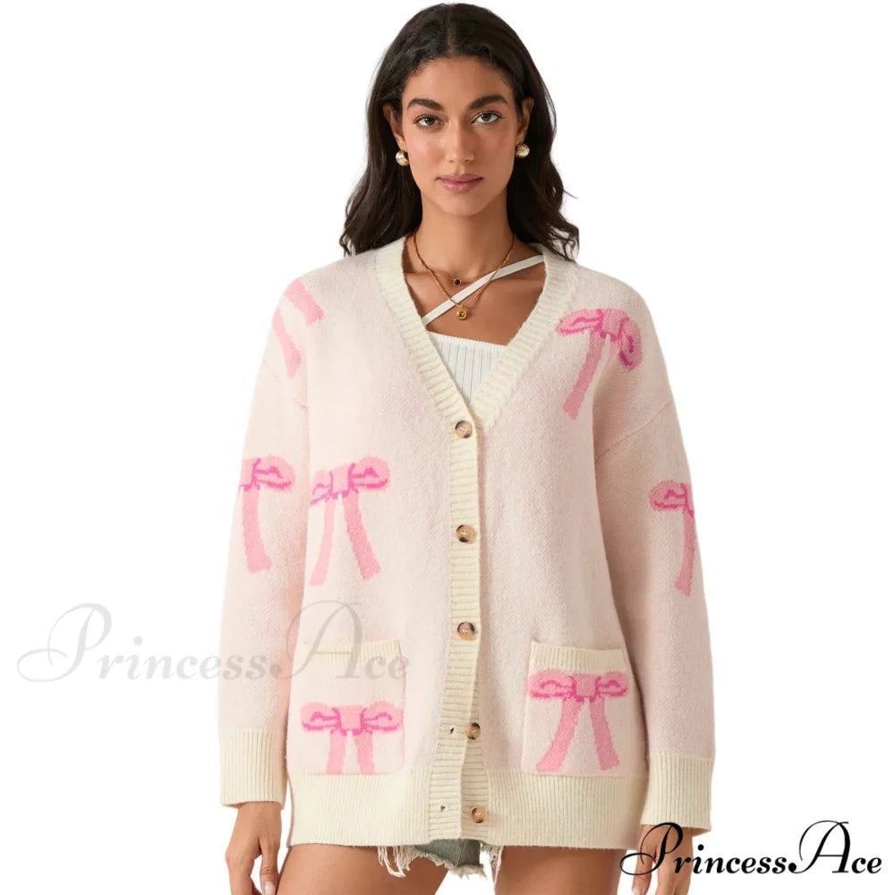 Bow Print Button Cardigan Beige / S