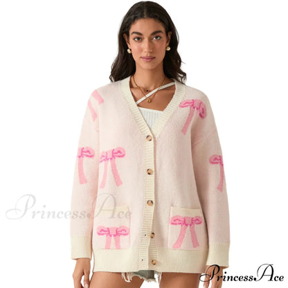 Bow Print Button Cardigan Beige / S
