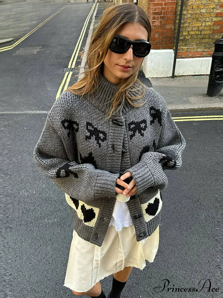 Bow Print Loose O-neck Cardigan gray / S