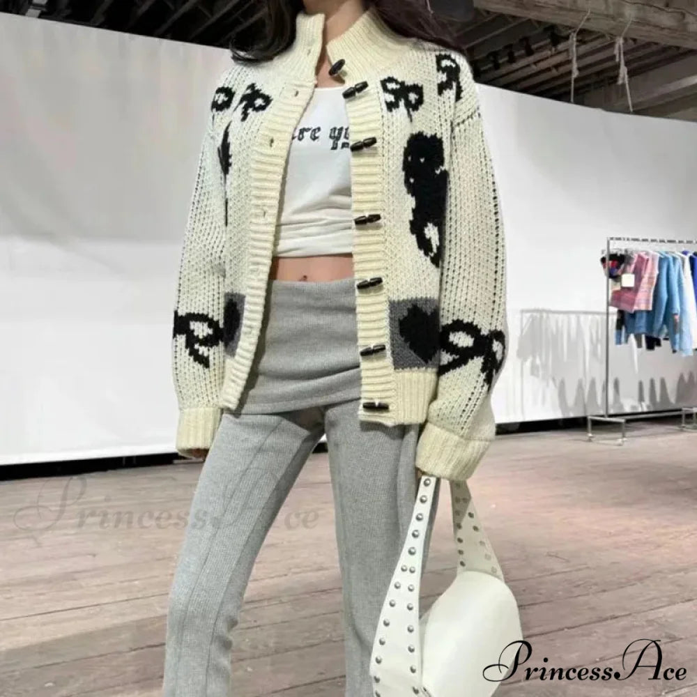 Bow Print Loose O-neck Cardigan White / S