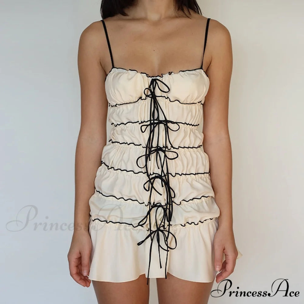 Bow Ruched Design Charming Mini Strap Dress Beige / S