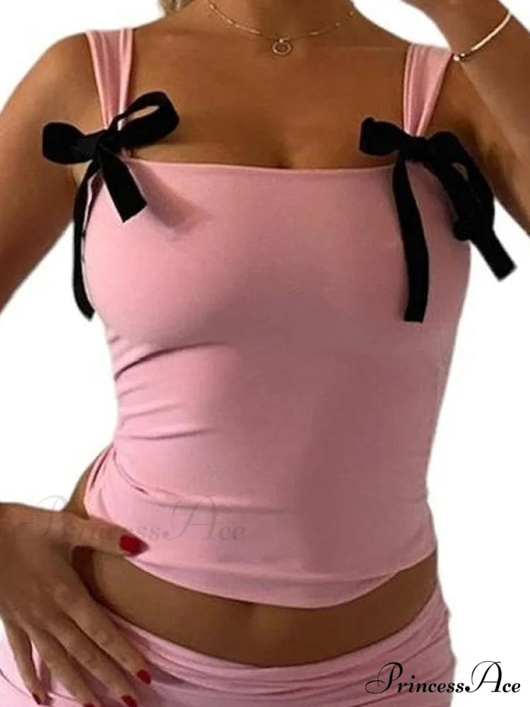 Bow Spaghetti Graceful Strap Sweet Dress Pink / S