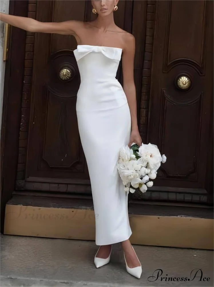 Bow Strapless Stylish Midi Dress White / S