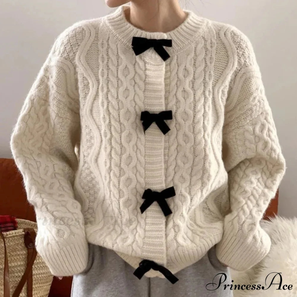 Bow Sweater Autumn Winter Knit Cardigan Beige / One Size