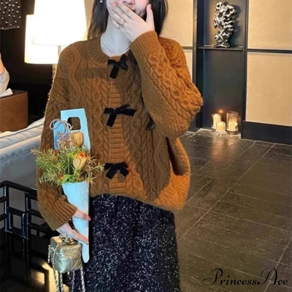 Bow Sweater Autumn Winter Knit Cardigan Brown / One Size