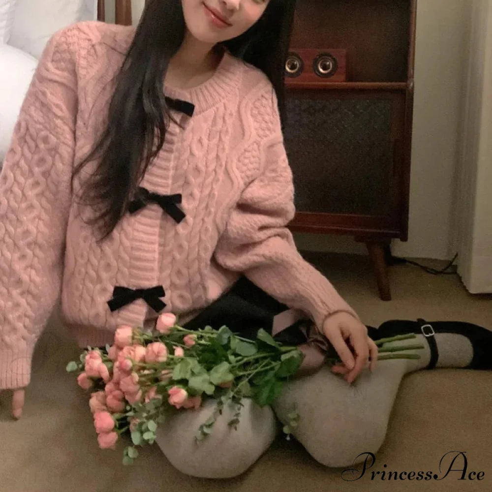 Bow Sweater Autumn Winter Knit Cardigan Pink / One Size