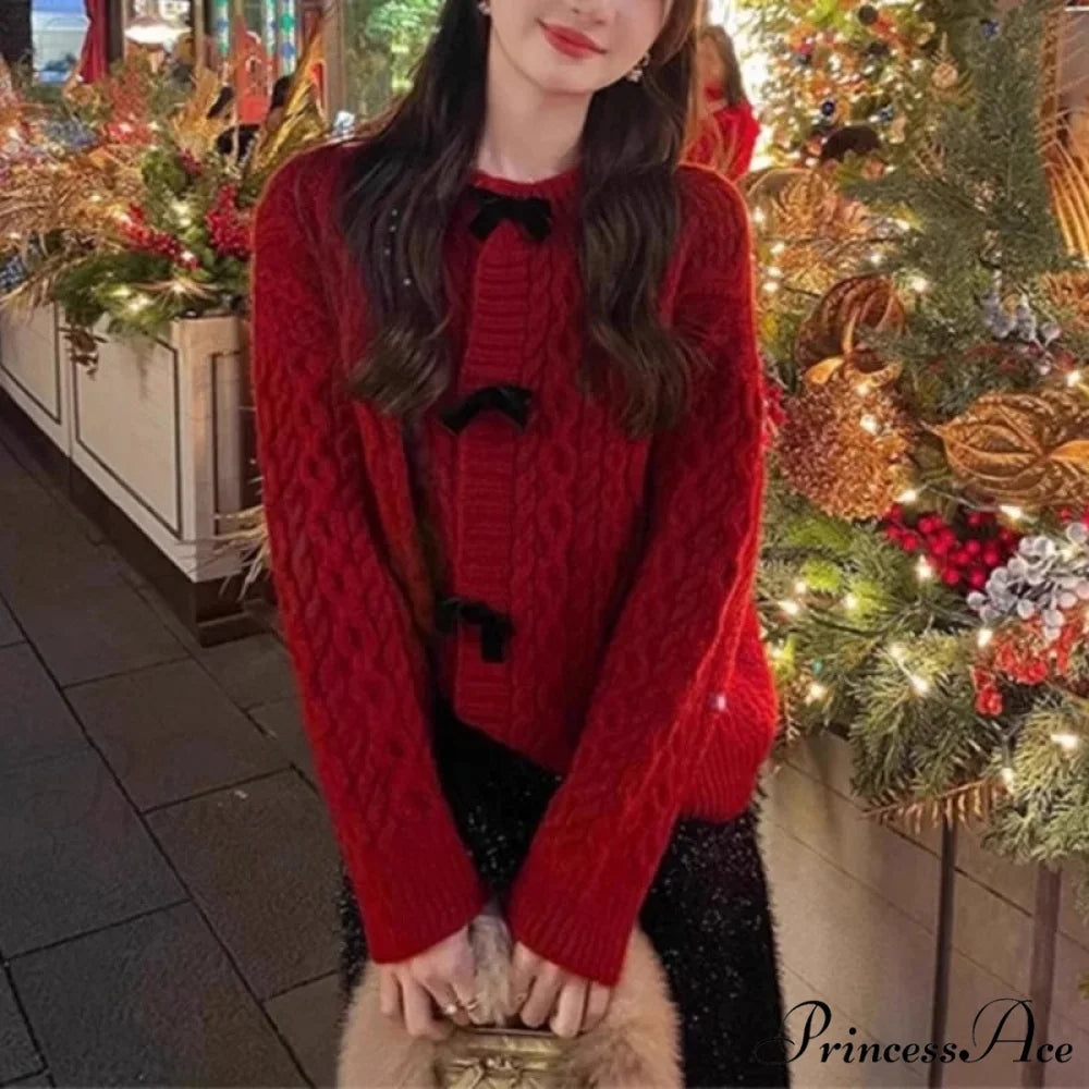 Bow Sweater Autumn Winter Knit Cardigan Red / One Size