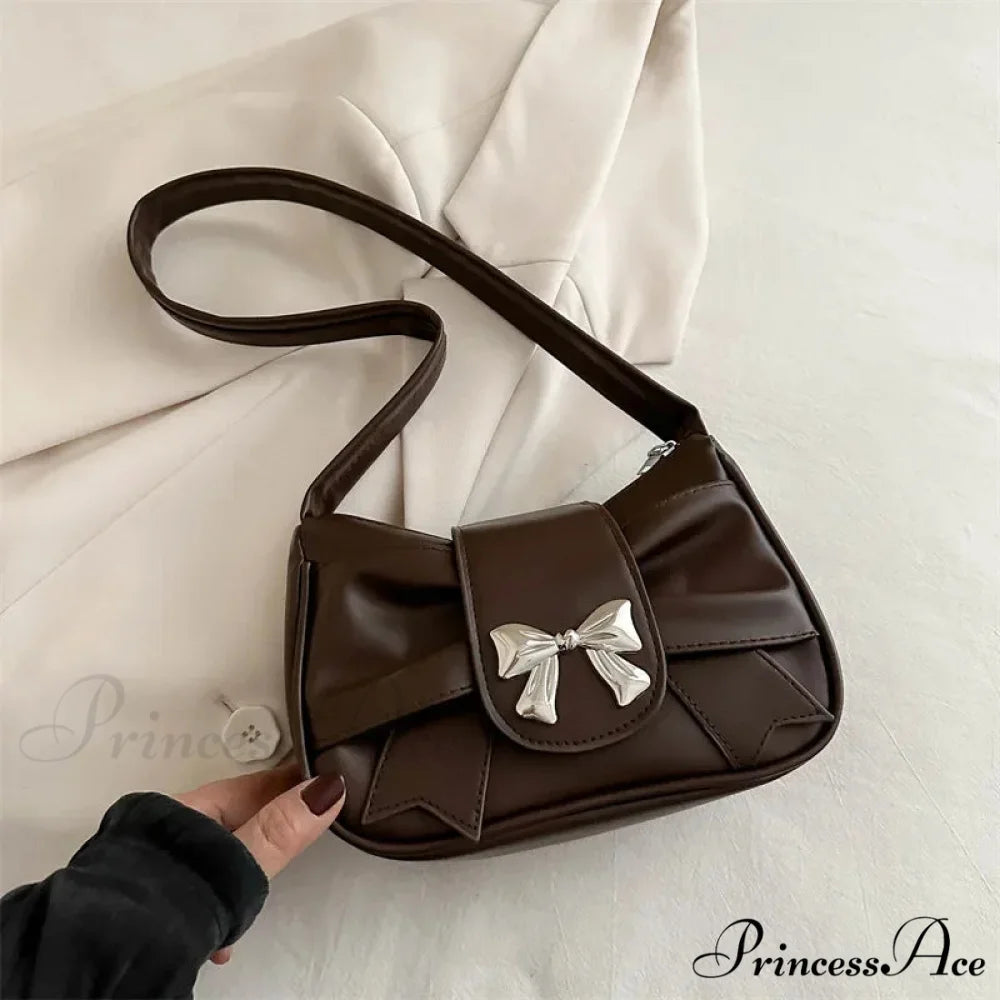 Bow Synthetic Leather Informal Shoulder Purse Brown shoulder-250126