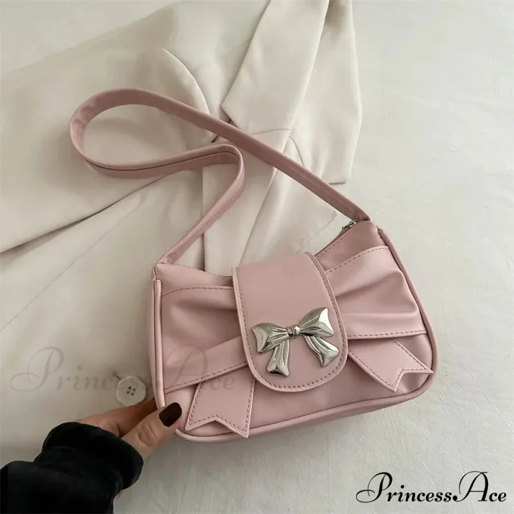 Bow Synthetic Leather Informal Shoulder Purse Pink shoulder-250126