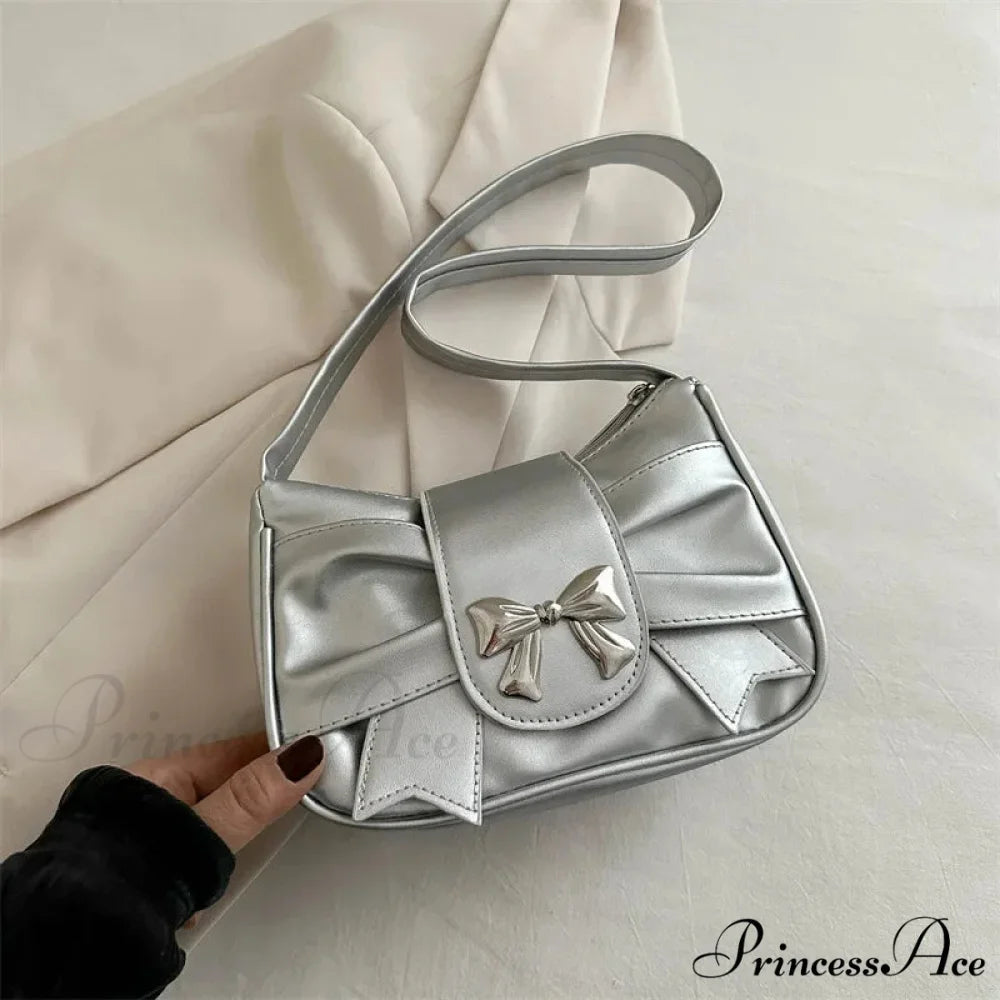 Bow Synthetic Leather Informal Shoulder Purse Silver shoulder-250126