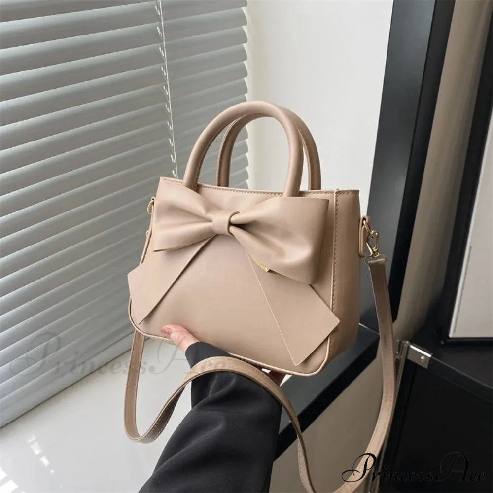 Bow Synthetic Leather Solid Underarm Purse Khaki handbag-250126
