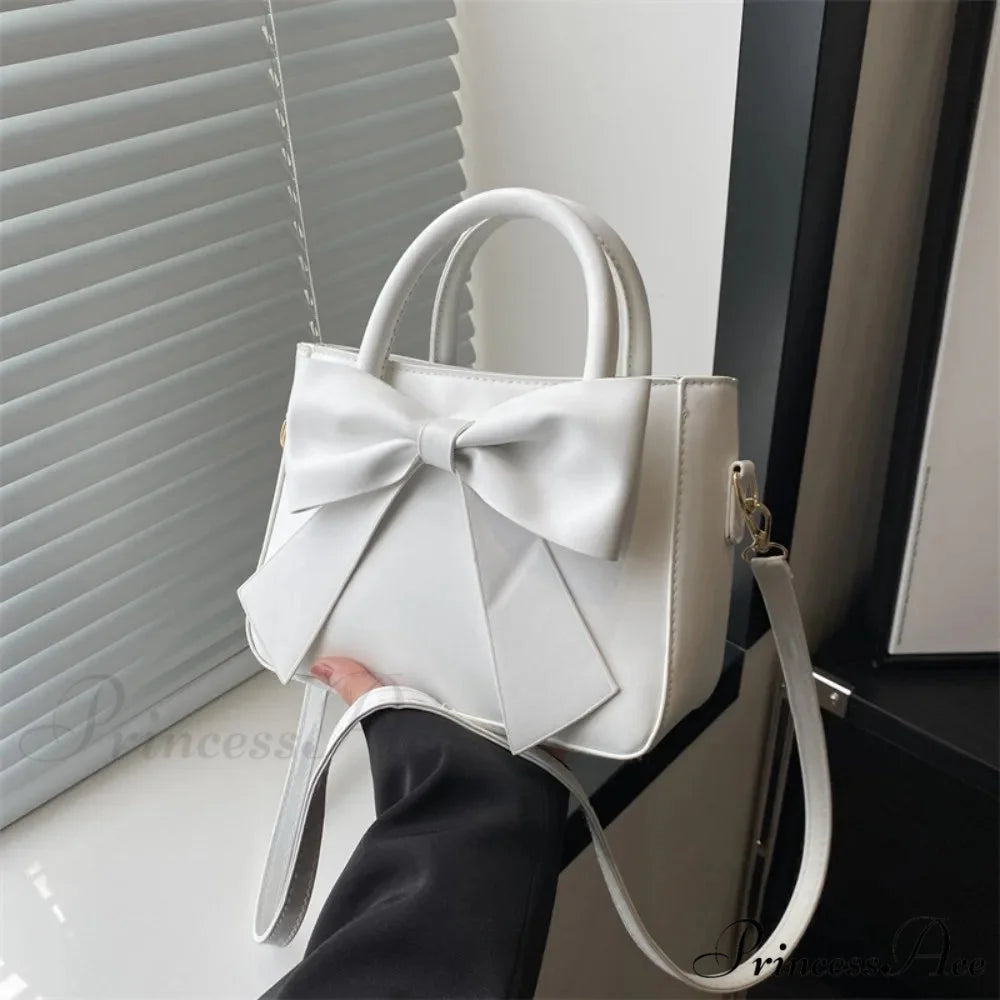 Bow Synthetic Leather Solid Underarm Purse White handbag-250126
