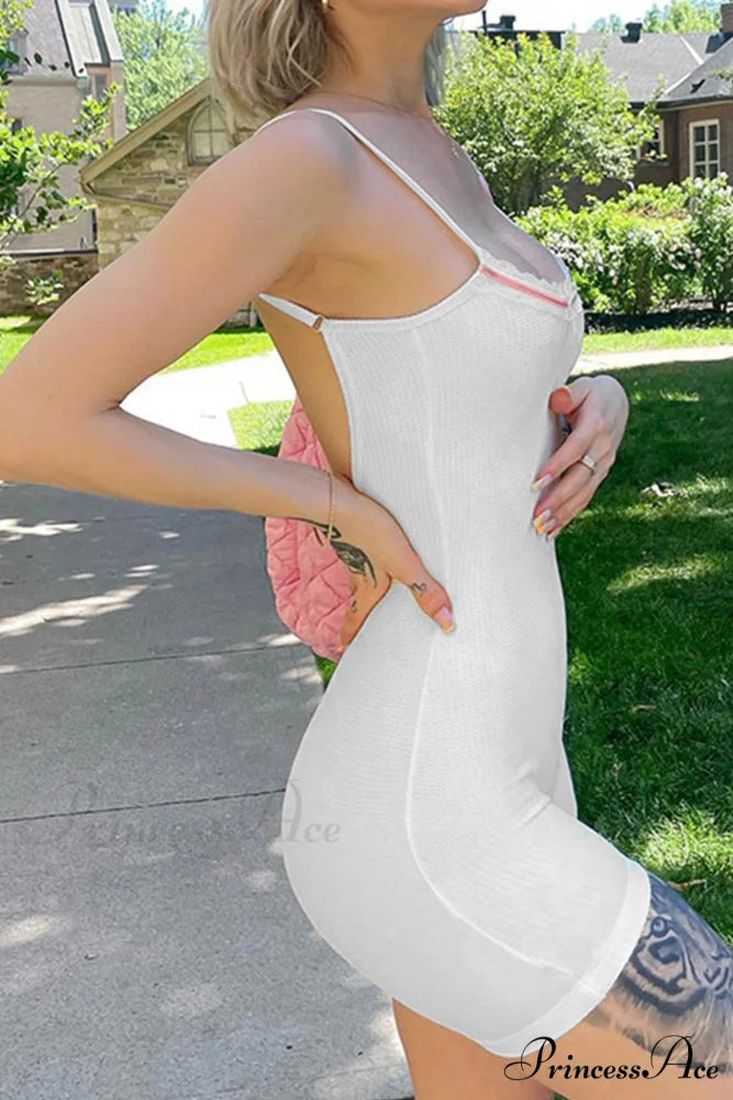 Bow-tie Backless Bodycon Cami Rompers with Lacework White / M