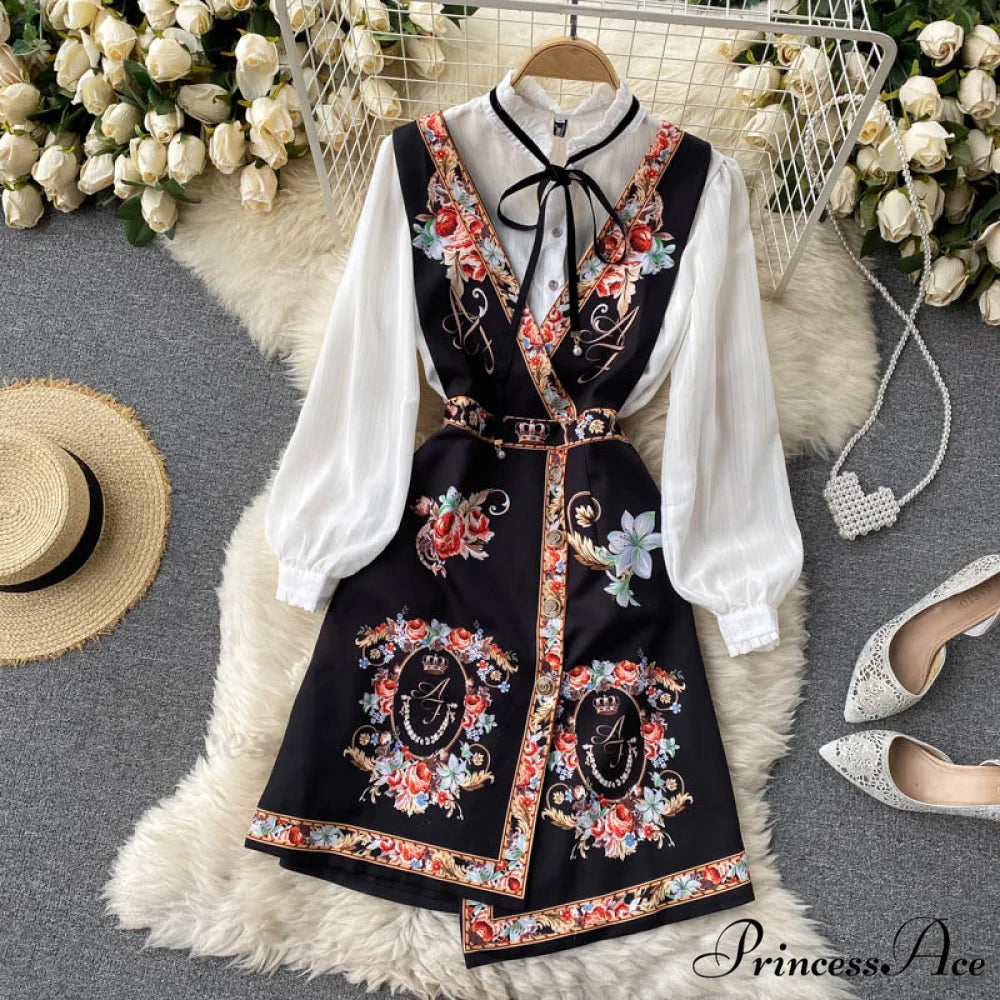 Bow Top and Elegant with for White Flower Overalls Vest Irregular Piece Gown Gown V-Neck Neckline Design Set Blouse 2