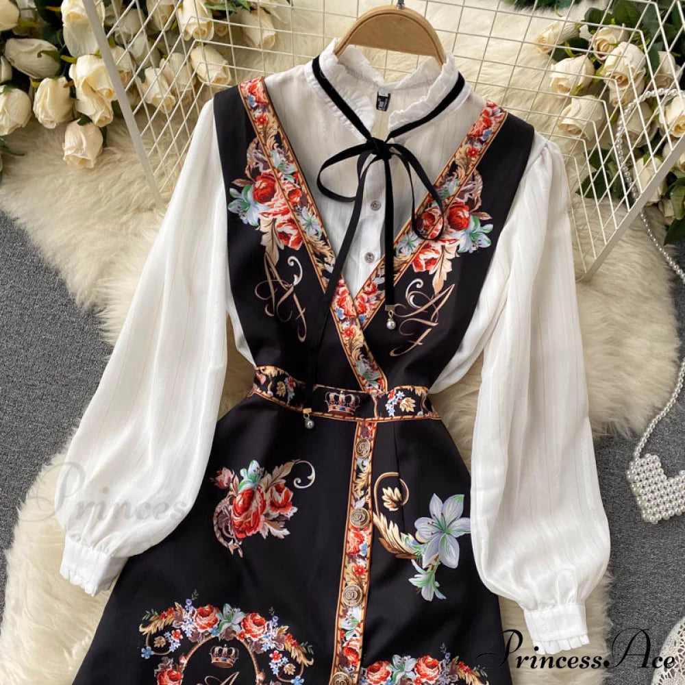 Bow Top and Elegant with for White Flower Overalls Vest Irregular Piece Gown Gown V-Neck Neckline Design Set Blouse 2