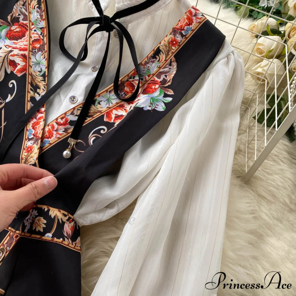 Bow Top and Elegant with for White Flower Overalls Vest Irregular Piece Gown Gown V-Neck Neckline Design Set Blouse 2