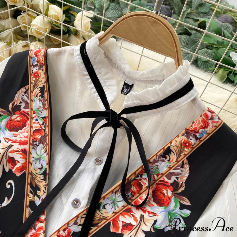 Bow Top and Elegant with for White Flower Overalls Vest Irregular Piece Gown Gown V-Neck Neckline Design Set Blouse 2