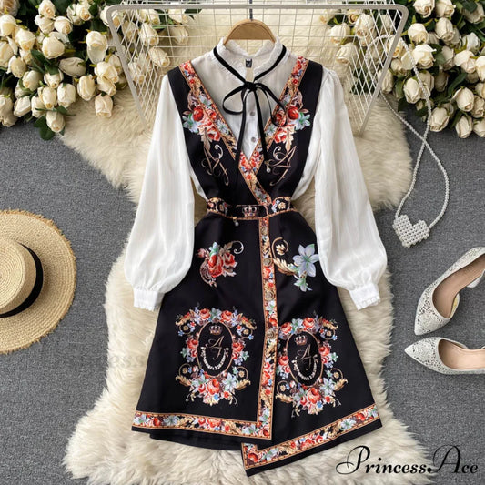 Bow Top and Elegant with for White Flower Overalls Vest Irregular Piece Gown Gown V-Neck Neckline Design Set Blouse 2
