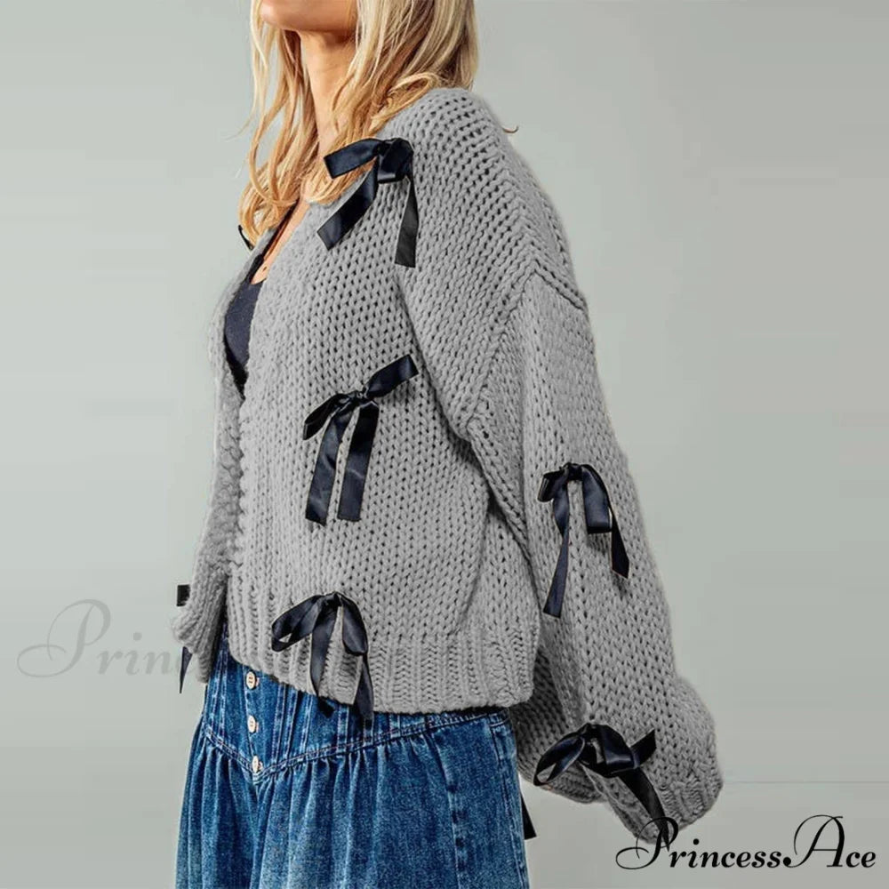 Bow Trim Button Down Cardigan gray / S