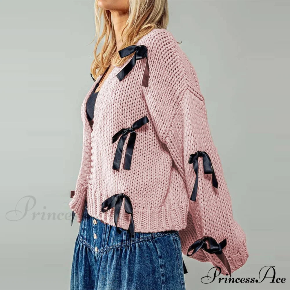 Bow Trim Button Down Cardigan pink / S