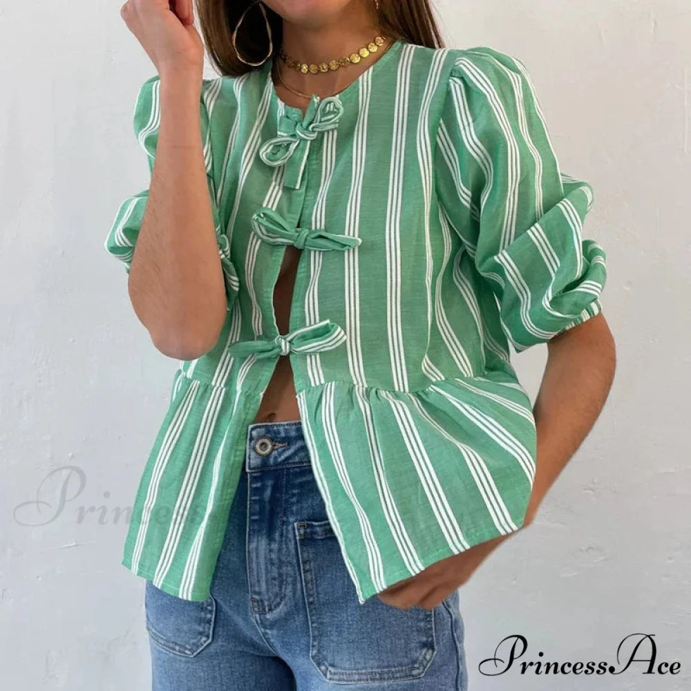 Bowknot Front Hollow Out Retro Frills Puff Sleeve Sophisticated Sweet Y2K Crop Top croptop-250126