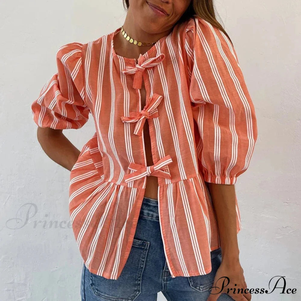 Bowknot Front Hollow Out Retro Frills Puff Sleeve Sophisticated Sweet Y2K Crop Top Orange / S croptop-250126