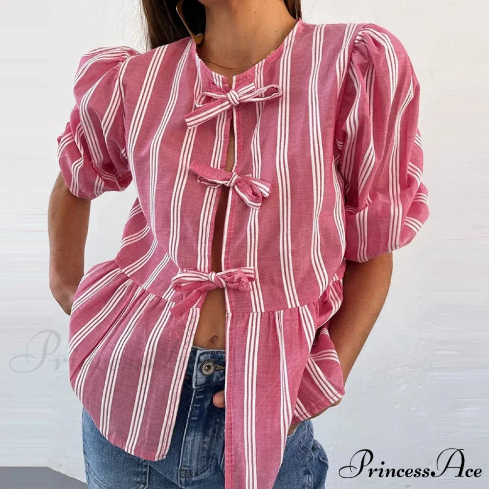 Bowknot Front Hollow Out Retro Frills Puff Sleeve Sophisticated Sweet Y2K Crop Top Pink / S croptop-250126