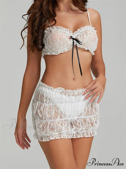 Bowknot Thin Strap Sleeveless Lace Camis Crop Top with Mini Skirt Set twopiecesset-250126
