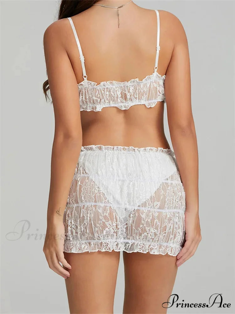 Bowknot Thin Strap Sleeveless Lace Camis Crop Top with Mini Skirt Set twopiecesset-250126