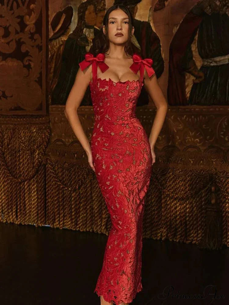 Bows Lace Sexy Maxi Party Dress Red / S