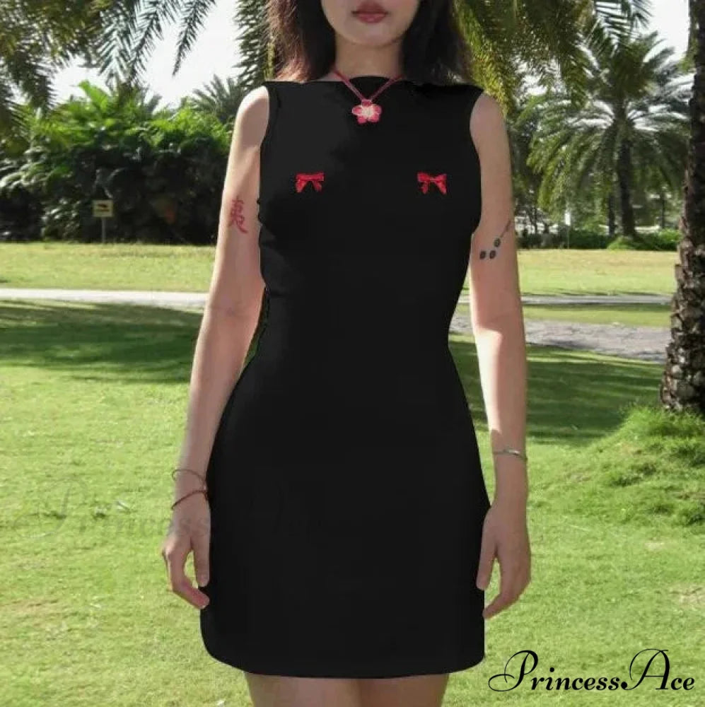 Bows Open Back Charming Sleeveless Mini Dress Black / S