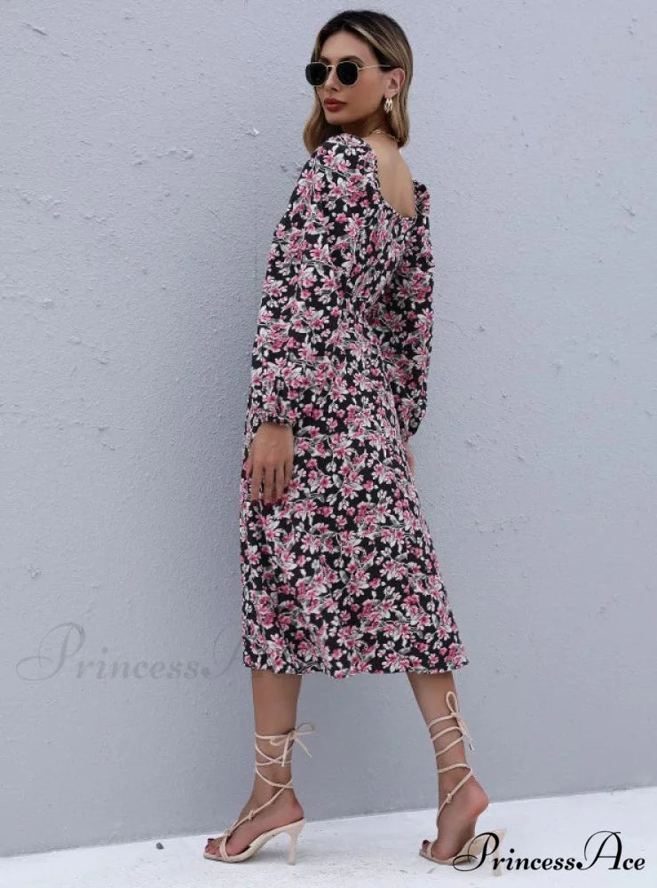 Boxy Neckline Flowered Long Gown Folded - Sleeve