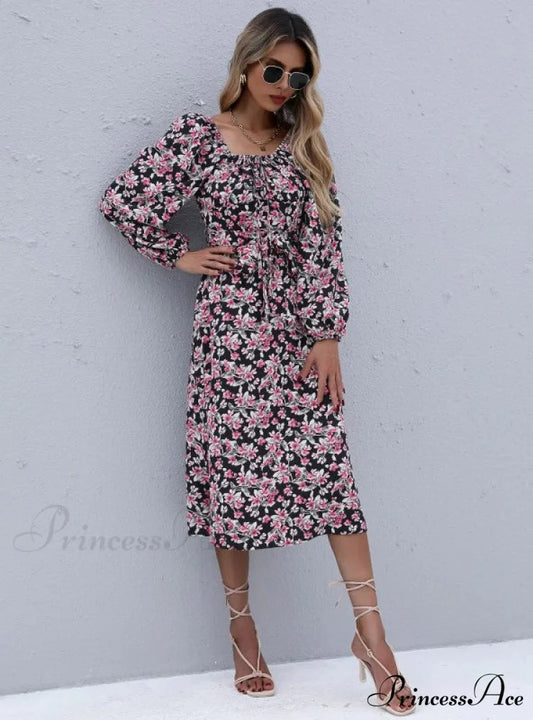 Boxy Neckline Flowered Long Gown Folded - Sleeve