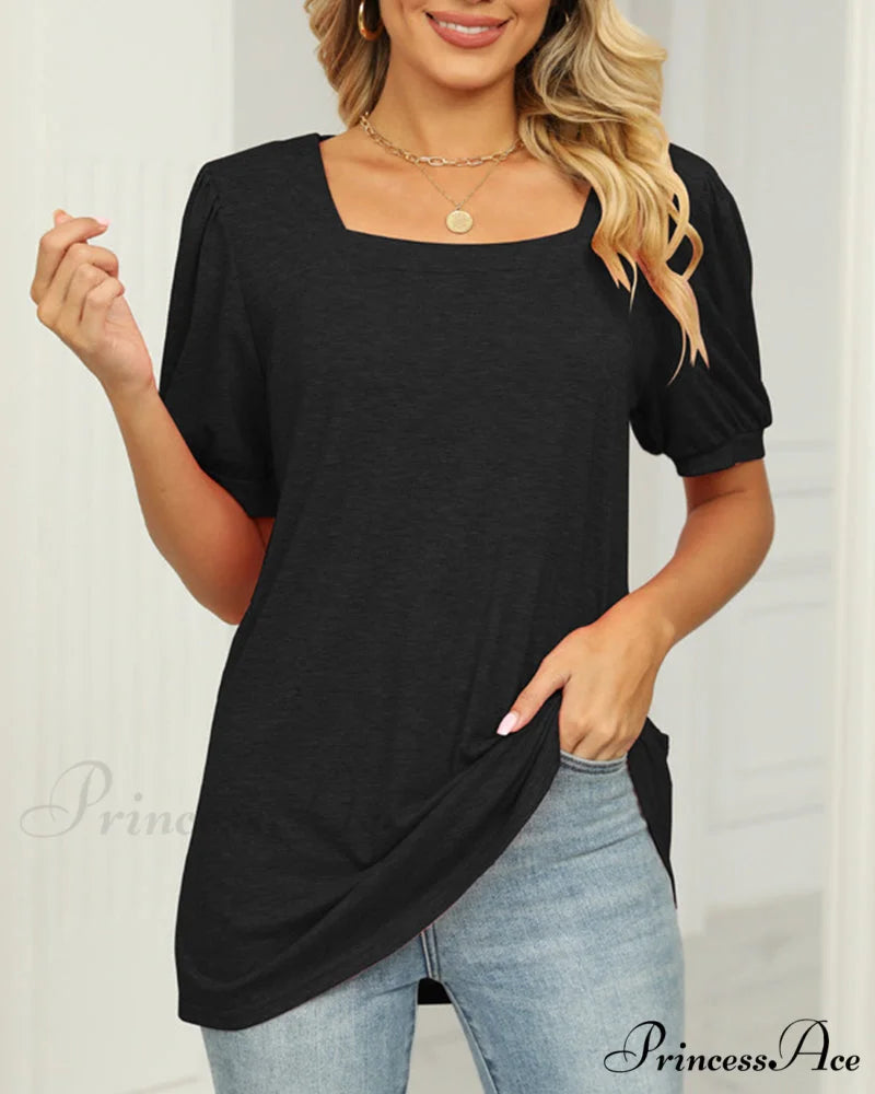 Boxy T-shirt Neck Puff with Sleeves Black / S